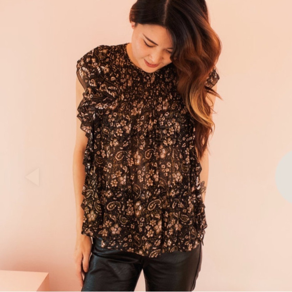 Ulla Johnson Silk Ruffle Blouse | Size 2 | Black Floral Print Top Boho Chic